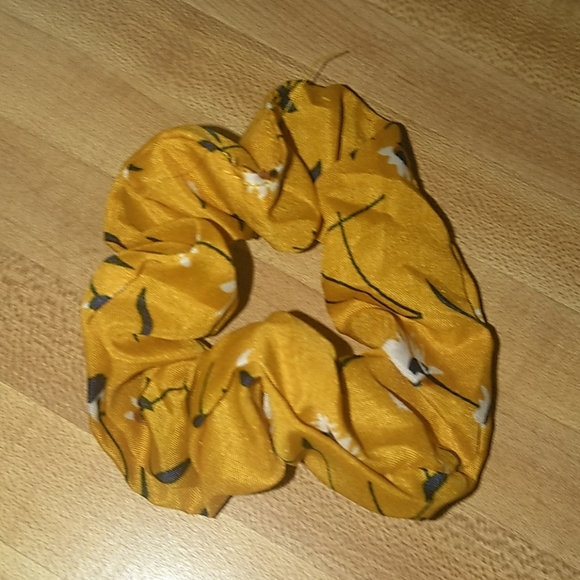 Yellow flowered scrunchie , grey with yellow strip - Picture 2 of 3